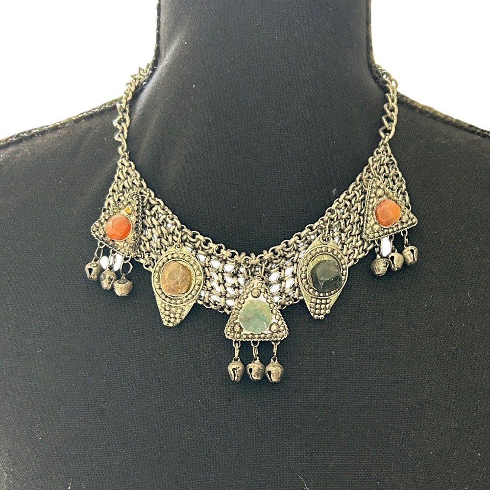 Bohemian Silver Tone Bib Necklace Multi Color Stones Bell Charms Tribal